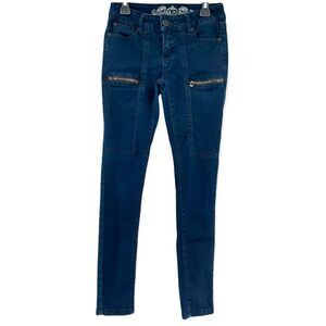 Premium Wax Junior’s Navy Blue Moto Style Front Zipped Pockets Skinny Jeans 3